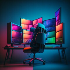 Room full of computer monitors and chair, gradient background. AI digital illustration