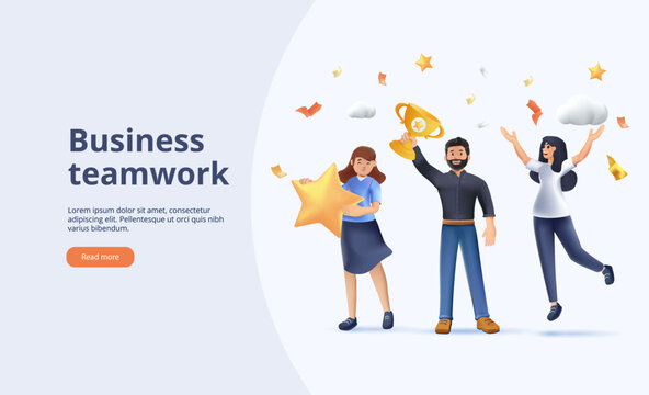 3D Happy business team employee team winners award website 3d render design vector illustration. Employee recognition and best worker competition award team celebrating victory winner business concept