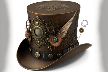 Top hat with steampunk style decorations, white background. AI digital illustration