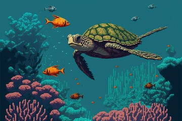 Landscape with turtle fish and corals under the sea, pixel art style. AI digital illustration