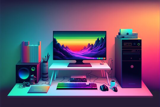 Illustration of gamer setup, computer and gamer chair, gradient background. AI