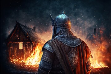 Viking warrior from the back with helmet, village burning in the background. AI digital illustration