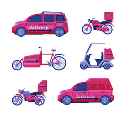 Delivery service transport set. transportation distribution vehicles, Bike, motorbike, van car cartoon vector illustration