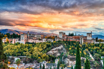 Alhambra Fortress Aerial View at Sunset with Amazing Clouds, Granada, Andalusia