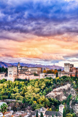 Alhambra Fortress Aerial View at Sunset with Amazing Clouds, Granada, Andalusia