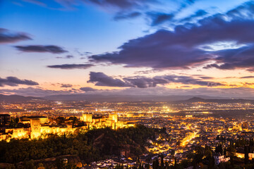 Illuminated Alhambra Fortress Aerial View at Dusk, Granada, Andalusia