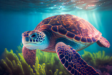 Fototapeta premium Sea turtle swims under water. Generative AI.