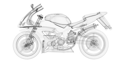 Race motorcycle, wireframe project, blueprint, technical detail, 3d rendering, 3d illustration