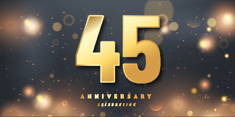 45th Year anniversary celebration background. 3D Golden number with Shiny Glitter lights In black dark night background.