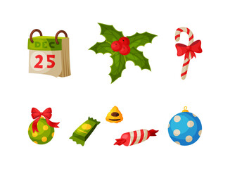Christmas and New Year symbols set. Bauble, calendar, mistletoe, candy cane cartoon vector illustration