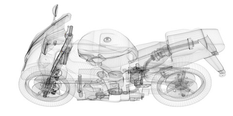 Race motorcycle, wireframe project, blueprint, technical detail, 3d rendering, 3d illustration