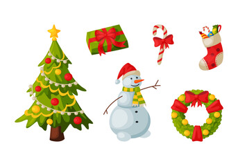 Christmas and New Year symbols set. Snowman, Christmas tree, stocking, gift box, candy cane cartoon vector illustration