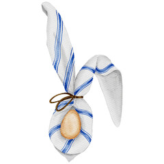 Easter bunny made of blue striped napkin and egg. Watercolor Easter table decor. Transparent background PNG