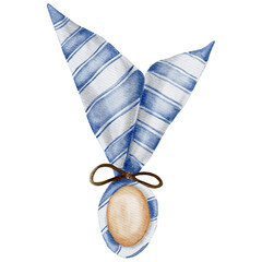 Easter bunny made of blue striped napkin and egg. Watercolor Easter table decor. Transparent background PNG