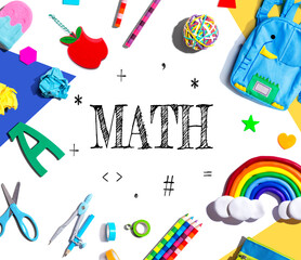 Math theme with school supplies overhead view - flat lay