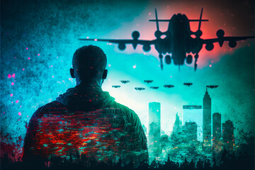 Naklejka premium Military controlling an army of drones from a distance. Major impacts of 21st century military devices on the high intensity of conflicts.