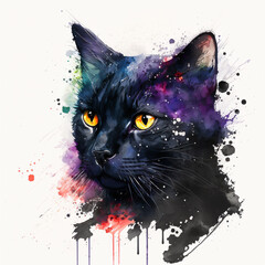 Black cat on white background with color splashes, Generative Ai