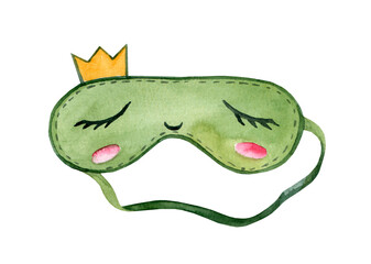 Cute crown sleep mask. Watercolor hand drawn illustration isolated on white background.