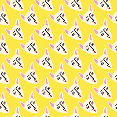 Pattern with Funky cat with a lovely face. Freaky comic cat face. Bizarre Valentine's Day pattern