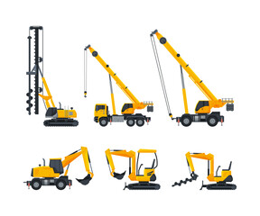 Fototapeta Heavy construction machinery set. Excavator, crane service vehicles special transport flat vector illustration obraz