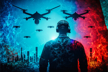 Fototapeta A military man remotely controls an army of drones to target enemies. An exceptional view of modern conflicts and the ultra-advanced military techniques of the 21st century. obraz