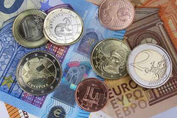 Croatian Euro coins, new member of Eurozone, coins and banknotes, year 2023 - obrazy, fototapety, plakaty