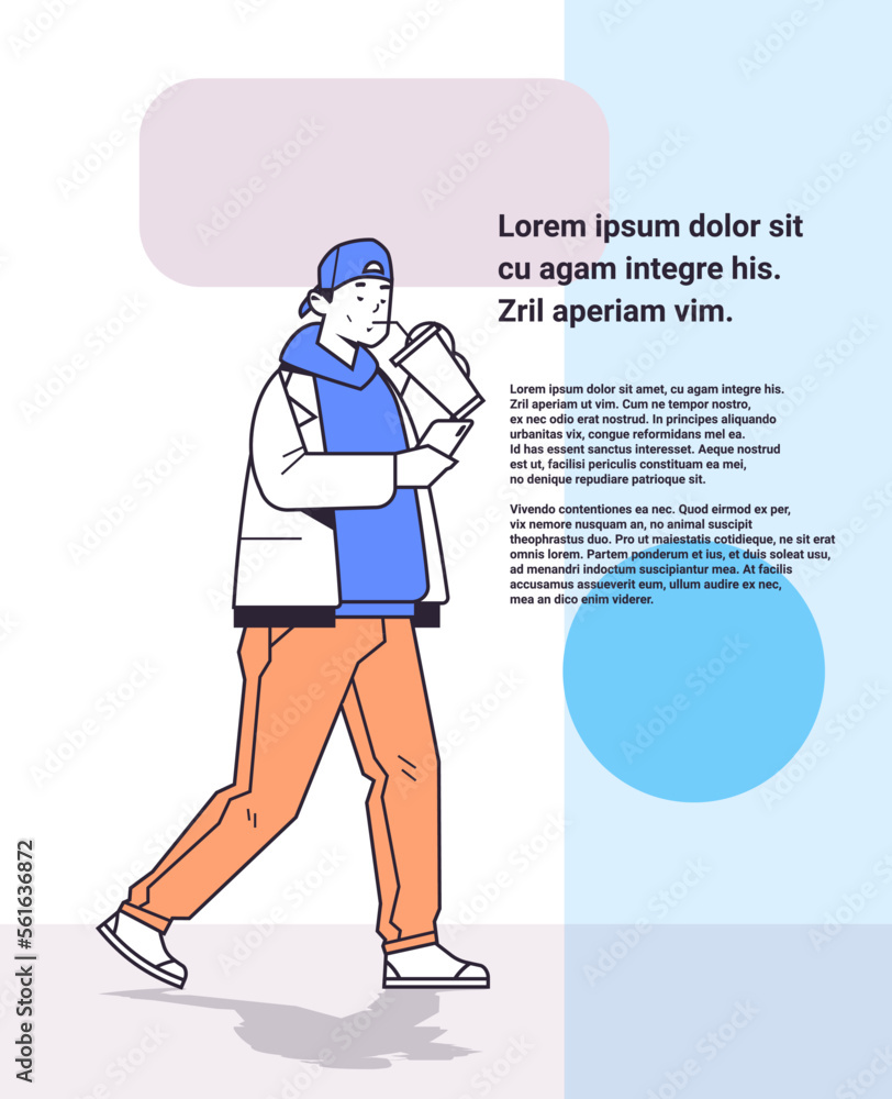 Poster man drinking coffee with straw and using smartphone while walking social media communication generat