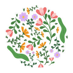 Round Shape Filled with Flowers, Leaves and Blossoms. Cute Floral Circle Graphic Design for Spring Greeting, Holiday