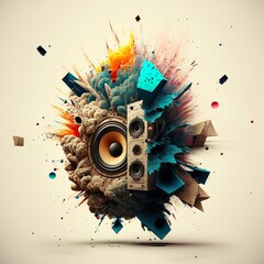 Music speaker, abstraction. Explosion of colors. Created with Generative AI technology