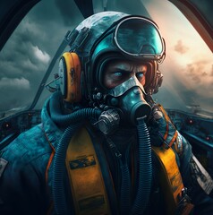 Military pilot flies in an airplane. Created with Generative AI technology