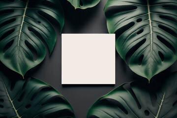 Creative natural background for text, monstera green leaves with paper card for copy space. Generation AI