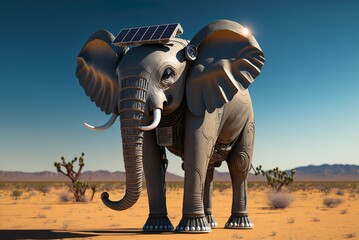Elephant robot, solar panel on head. Created with Generative AI technology