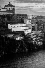 Vila Nova de Gaia near the Don Luis Bridge, Porto, Portugal. Black and white photo.