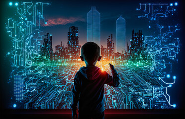 A child silhouetted in front of a skyline of a modern city drawn on a blue digital screen. Symbol of the new technologies allowing to trace its future.