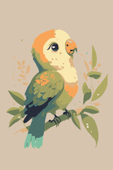 Parrot. Cartoon vector drawing of colorful bird. Nature illustration of exotic tropical animal. Funny graphic design of an adorable bird with feathers. Zoo wildlife poster.Hand drawn art. 
