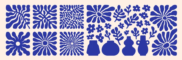 Fototapeten Matisse curves aestethic. Groovy abstract flower art set. Organic floral doodle shapes in trendy naive retro hippie 60s 70s style. Botanic vector illustration in blue color. © Martyshova