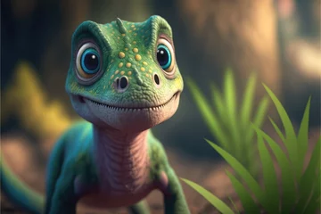 Photo sur Plexiglas Dinosaures Green baby dinosaurus or dragon with big eyes, dino created with generaive ai