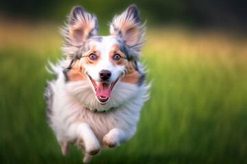 Happy dog runs on green grass. Generative AI
