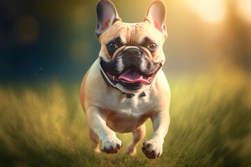 Fototapeta premium Happy French Bulldog running on green grass. Generative AI