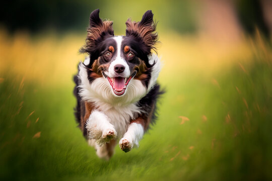 Happy dog runs on green grass. Generative AI