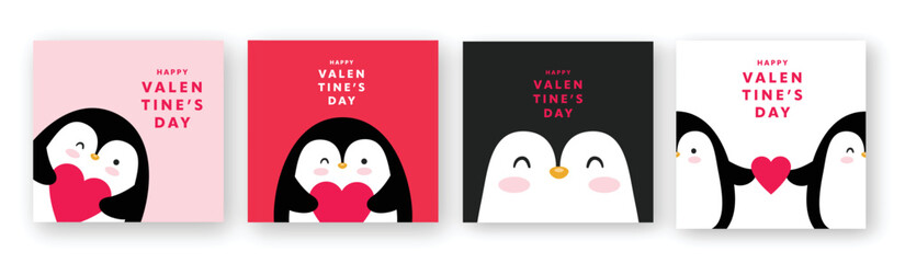 Happy Valentine's Day cute penguin set of vector retro cards, banners or backgrounds with heart frame and pattern in modern flat style for decor, greetings, packaging, print, web, promo