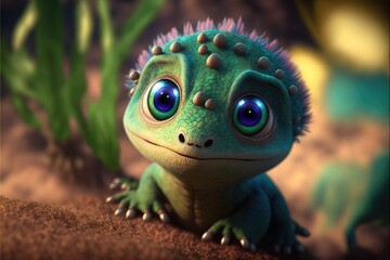 Green baby dinosaurus or dragon with big eyes, dino created with generaive ai