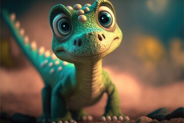 Green baby dinosaurus or dragon with big eyes, dino created with generaive ai