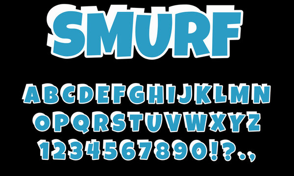 Smurf alphabet with capital letters and numbers, white and blue cartoon font, comic style abc, creative uppercase typography for poster, banner, cover etc.