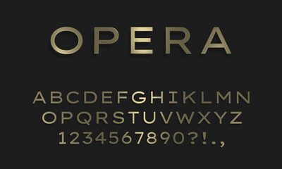 Fototapeta na wymiar Elegant gold font font with capital letters and numbers, minimalistic glamour style alphabet, abstract modern uppercase typography for poster, banner, movie etc.