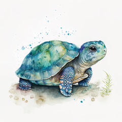Fototapeta na wymiar Adorable turtle isolated on white. Cute green, blue, turquoise watercolor tortoise. Illustration, generative art