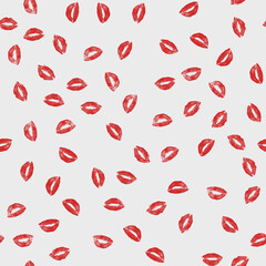 Seamless pattern Red lipstick kiss on white background. Vector flat illustration for design. Printing of the lips.