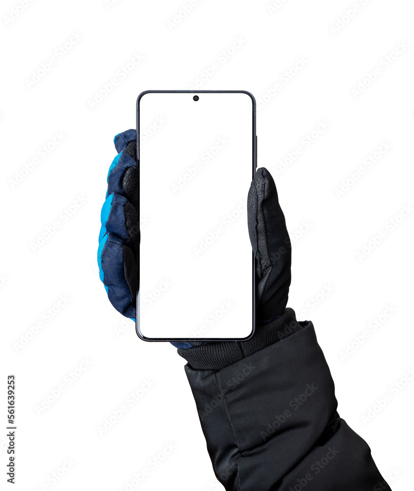 Aufkleber isolated phone in hand with winter glove. modern phone with thin edges and camera for app presentati