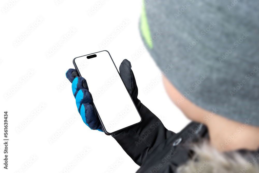 Poster phone in gloved hand of a boy. isolated display and background for mockup, app design showcase