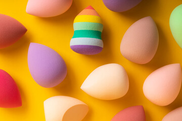 Beauty blender on yellow background.Bright sponges for make-up cosmetics. Makeup products. Beauty concept. Place for text. Space for copy. Flat lay